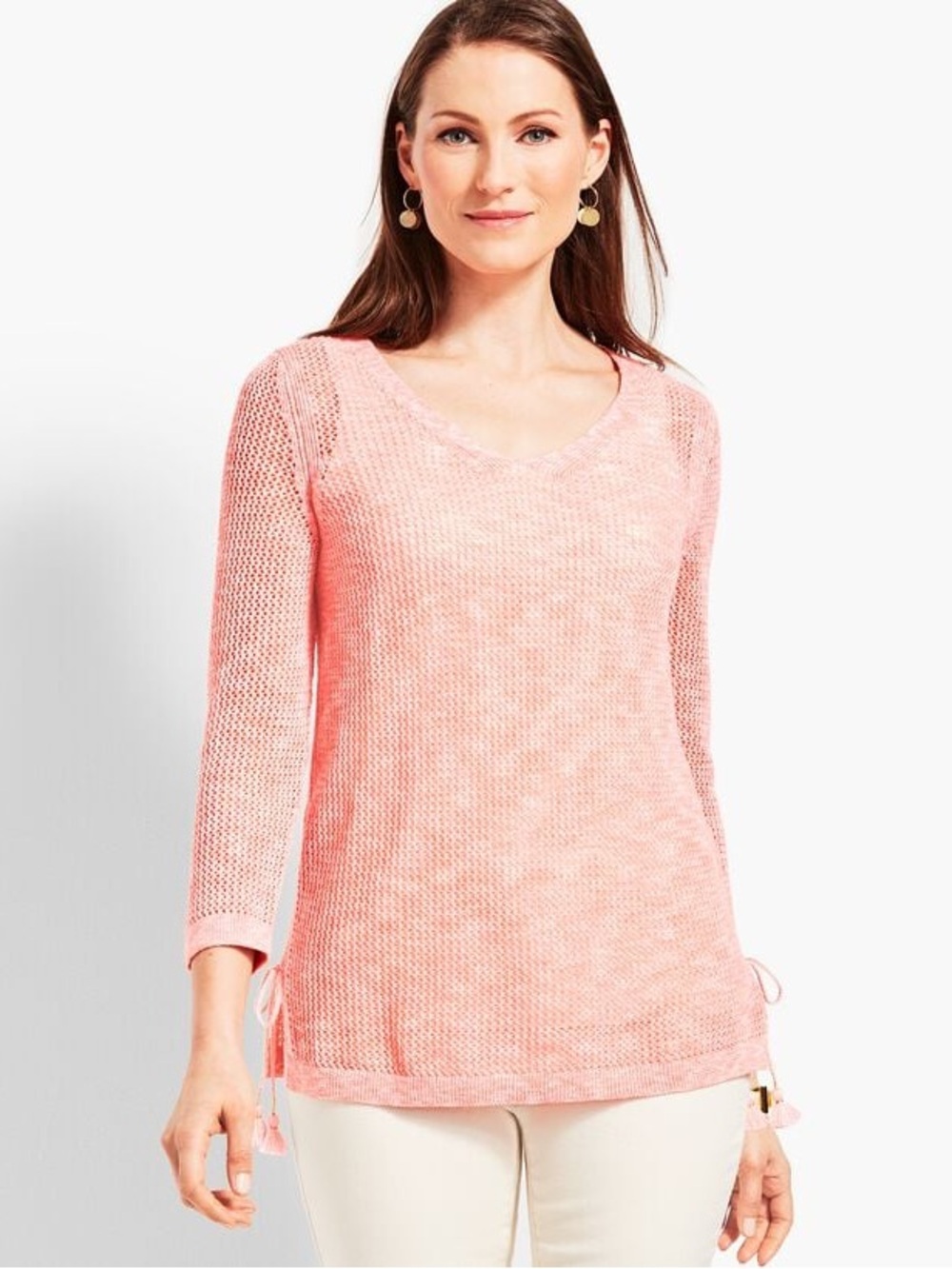 Talbot's Space-Dye Tassle Side-Tie Lightweight Coral Red Sweater